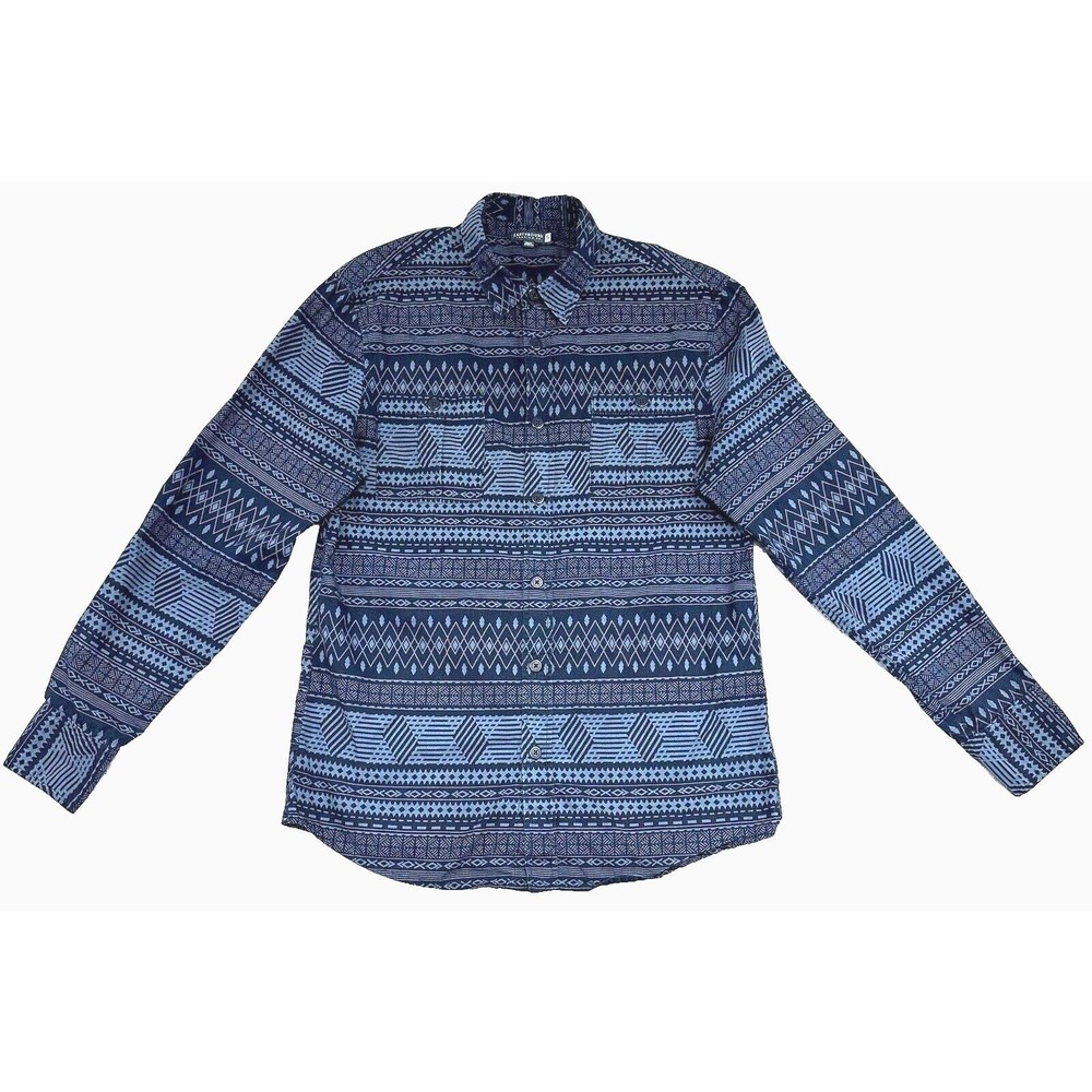 Earthbound Trading Co Shirt Mens S Button-Down Cotton Aztec Long Sleeve Blue